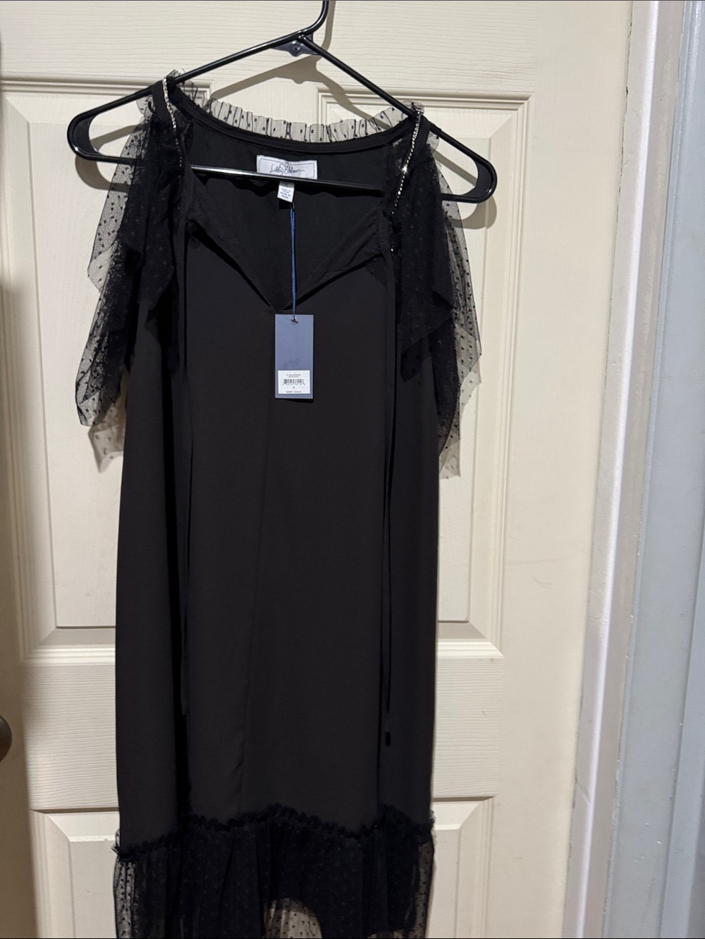 libby. edelman Black One-Shoulder Dress with Sheer Dot Trim